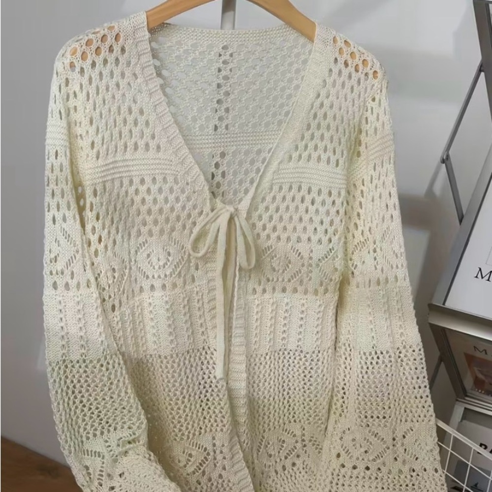 Cream Open-Knit Crochet Women's Cardigan Small - Picture 2 of 8